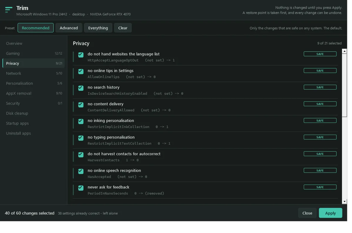 The Privacy section listing individual settings with checkboxes, each showing the registry value name, its current value, the value Trim would set, and a SAFE or CAUTION label.