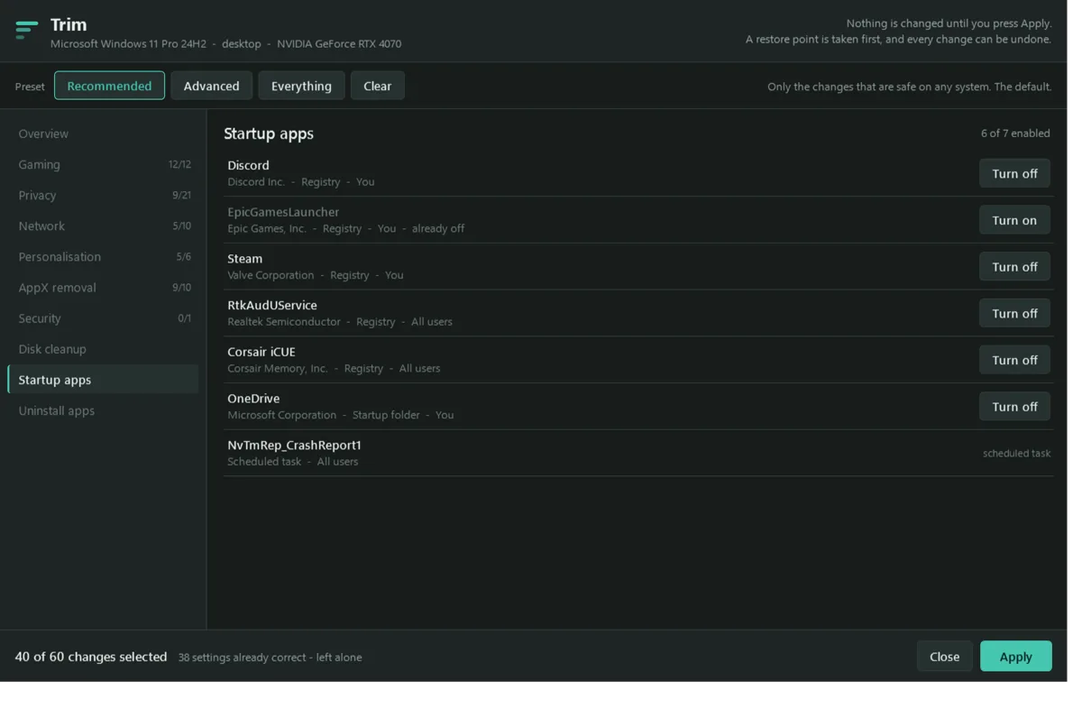 The startup apps screen listing programs that run at sign-in, each with its publisher, where it is configured, and a button to turn it off.